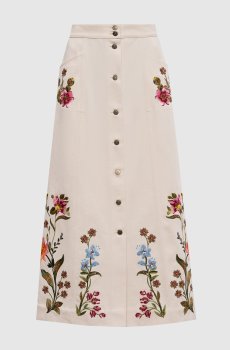 Бежевая джинсовая юбка макси с вышивкой