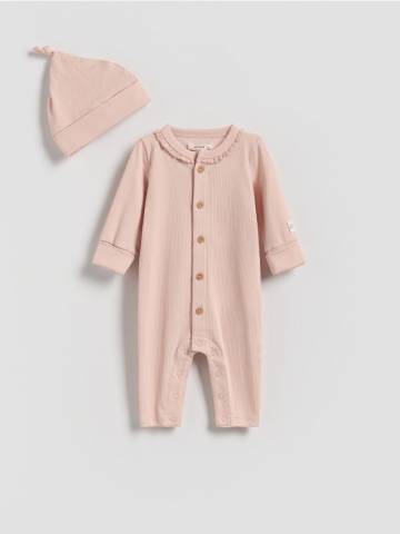 Reserved - Вязаний комбінезон з шапочкою - пильно-рожевий - 862GK-39X
