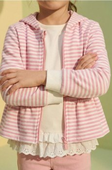 Бавовняний смугастий світшот з капюшоном і баскою - кремовий