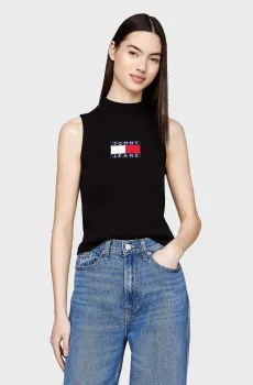 Женский черный топ TJW SL RIB CENTER FLAG MOCKNECK Черный XS Tommy Jeans DW0DW18527