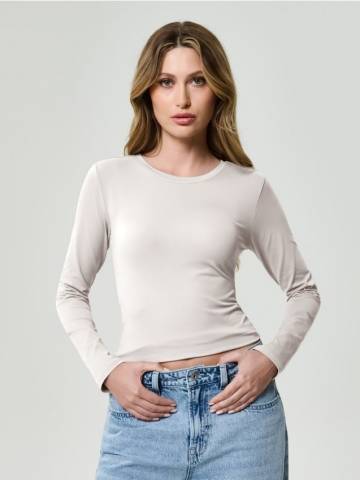 Гладка блузка з довгим рукавом - кремовий Гладка блузка з довгим рукавом - кремовий