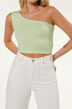 Кроп-топ на одне плече у клітинку - блідо-зелений