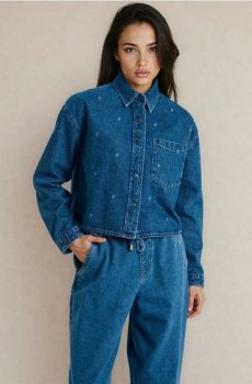 Джинсова сорочка з вишитими квітами - синій