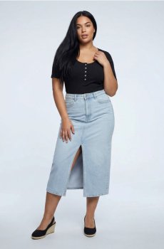 Джинсова міді-спідниця з розрізом plus size - синій