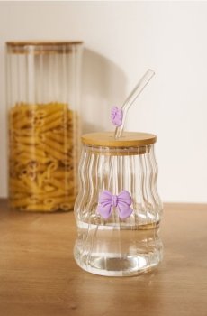 Скляна чашка з бамбуковою кришкою та соломинкою - clear