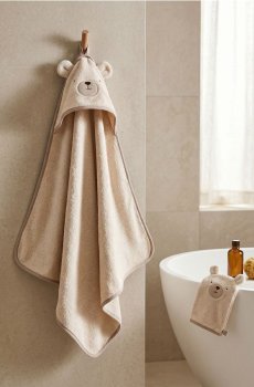 Бавовняний рушник з капюшоном з мотивом ведмедика та мочалкою 2 pack - нюдовий