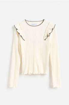 Reserved - Блузка з трикотажу в рубчик з оборками - кремовий - 510KD-01X
