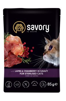 Влажный корм для стерилизованных кошек всех пород Savory For Sterilised Cats в соусе, ягненок с клюквой, 85 г