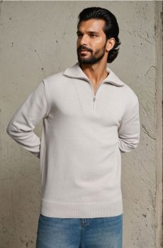 Бавовняний светр з високим коміром - бежевий