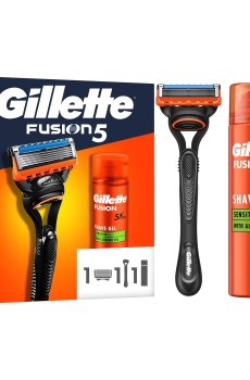Подарочный набор Gillette мужской (станок (бритва) Fusion5 с 1 сменным картриджем + гель Fusion для чувствительной кожи, 200 мл)