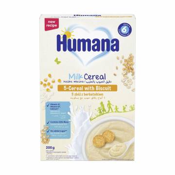 Детская сухая молочная каша Humana Milk Cereal 5-Cereal with Biscuit 5 злаков с печеньем, от 6 месяцев, 200 г Детская сухая молочная каша Humana Milk Cereal 5-Cereal with Biscuit 5 злаков с печеньем, от 6 месяцев, 200 г