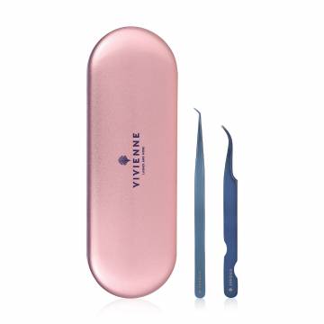 Набор пинцетов для наращивания ресниц Vivienne в чехле, синий металлик (изогнутый, 1 шт + мини-L, 1 шт)