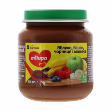 Детское фруктовое пюре Milupa Яблоко, банан, черника, малина, от 6 месяцев, 125 г Детское фруктовое пюре Milupa Яблоко, банан, черника, малина, от 6 месяцев, 125 г