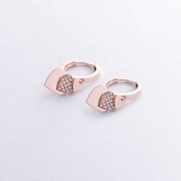 Золотые серьги - кольца "Сердечки" с фианитами с06618 Золотые серьги - кольца "Сердечки" с фианитами с06618