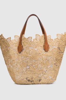 Бежевая сумка-тоут в цветочный узор с рафией