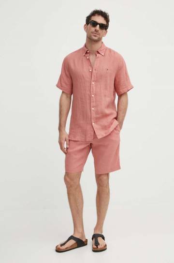 Льняная рубашка Tommy Hilfiger цвет розовый regular воротник button-down MW0MW35207 Льняная рубашка Tommy Hilfiger цвет розовый regular воротник button-down MW0MW35207
