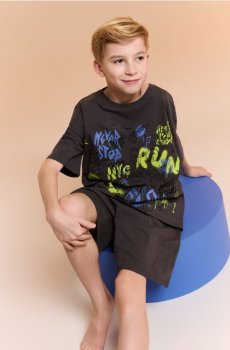 Бавовняна двочастинна піжама з принтом - темно-сірий