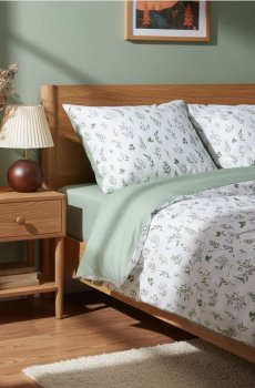 Комплект двосторонньої постільної білизни з рослинним візерунком - блідо-зелений
