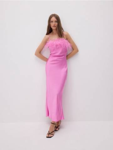 Reserved - Атласна сукня з натуральним пірям - рожевий - 129FK-30X Reserved - Атласна сукня з натуральним пірям - рожевий - 129FK-30X
