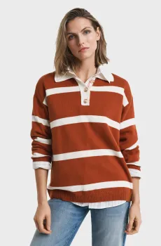 Женское терракотовое поло в полоску STRIPED KNIT RUGGER Коричневый L Gant 4805341