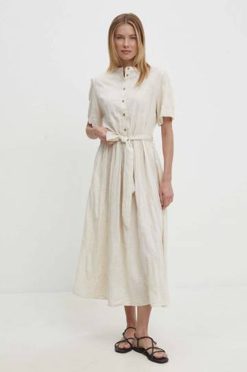 Льняное платье Answear.LAB цвет бежевый maxi расклешённая Льняное платье Answear.LAB цвет бежевый maxi расклешённая