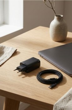 Мережевий зарядний пристрій з портами USB-A та USB-C - чорний