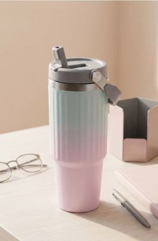 Термокружка з ручкою та соломинкою з ефектом омбре - рожевий