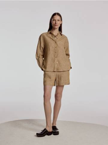 Reserved - Лляна сорочка в смужку - теплий оливковий - XM117-19X
