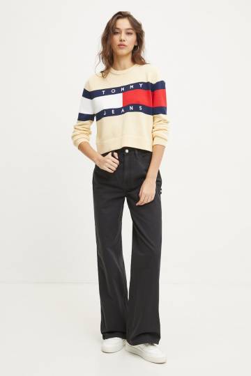 Хлопковые брюки Tommy Jeans цвет чёрный прямые высокая посадка DW0DW19394 Хлопковые брюки Tommy Jeans цвет чёрный прямые высокая посадка DW0DW19394