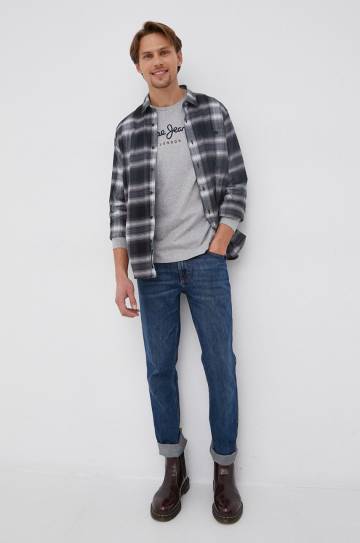 Хлопковый лонгслив Pepe Jeans Eggo цвет серый с принтом Хлопковый лонгслив Pepe Jeans Eggo цвет серый с принтом