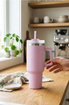 Термокружка з ручкою - пастельний рожевий