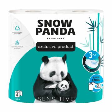 Туалетная бумага Сніжна Панда Extra Care Sensitive белая, 3-слойная, 150 отрывов, 4 рулона