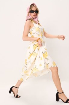 Бавовняна сукня міді на бретелях зі зборками - різнобарвний