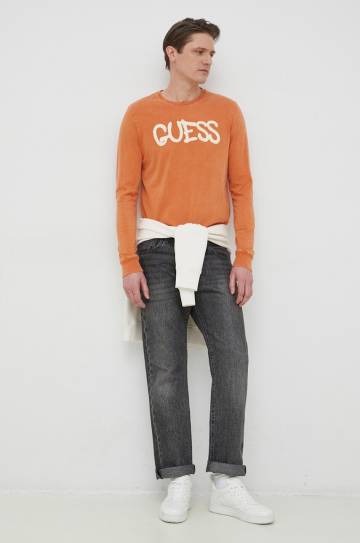 Хлопковый лонгслив Guess x Brandalised цвет оранжевый узорный Хлопковый лонгслив Guess x Brandalised цвет оранжевый узорный