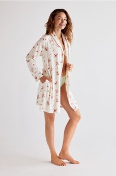Reserved - Візерунчастий халат з поясом - кремовий - 122EY-01X