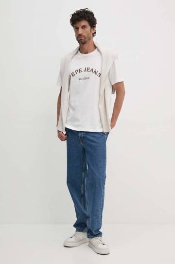 Хлопковая футболка Pepe Jeans ANWEN B мужская цвет бежевый с принтом PM509711 Хлопковая футболка Pepe Jeans ANWEN B мужская цвет бежевый с принтом PM509711