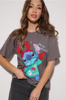 Бавовняна футболка з принтом Stitch - темно-сірий