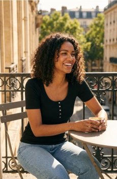 Ребриста футболка з гудзиками - чорний