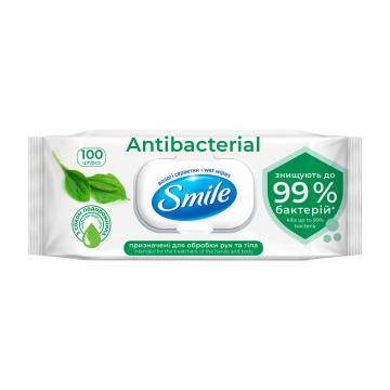 Влажные салфетки Smile Antibacterial с соком подорожника, с клапаном, 100 шт