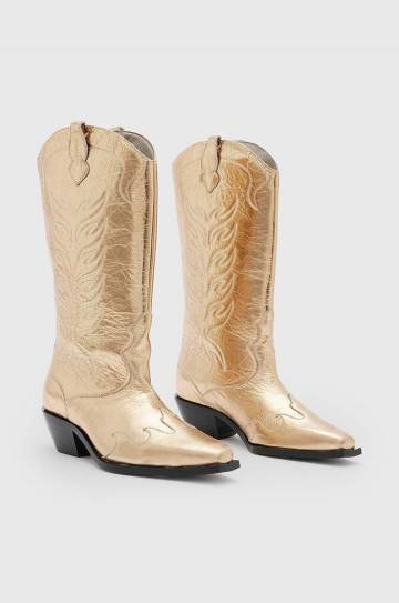 Кожаные полусапоги AllSaints Dolly Boot женские цвет золотой каблук кирпичик WF763Z Кожаные полусапоги AllSaints Dolly Boot женские цвет золотой каблук кирпичик WF763Z