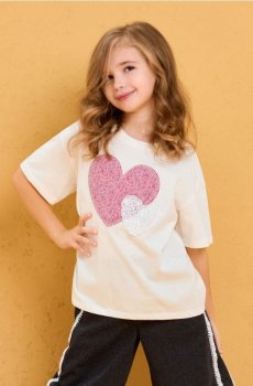 Футболка з квітковим принтом у формі серця та мереживною вставкою - кремовий