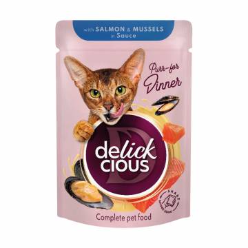 Влажный корм для взрослых кошек Delickcious Кусочки с лососем и мидиями в соусе, 85 г Влажный корм для взрослых кошек Delickcious Кусочки с лососем и мидиями в соусе, 85 г
