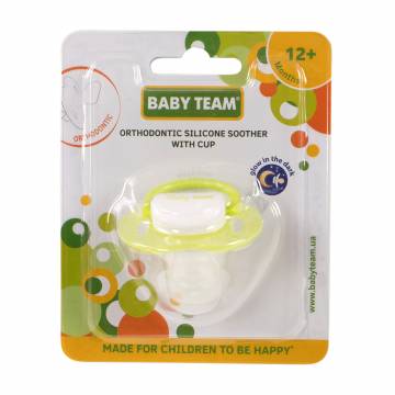 Пустышка силиконовая ортодонтическая Baby Team с колпачком, ночная, от 1 года, 1 шт (3008)