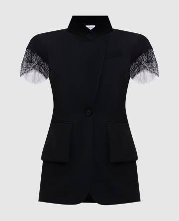 Черный жилет из шерсти и шелка с кружевом