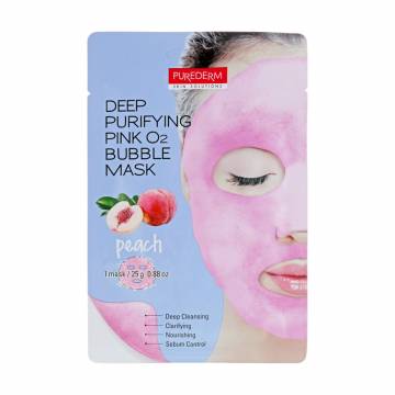 Глубоко очищающая пузырьковая тканевая маска для лица Purederm Deep Purifying Pink O2 Bubble Mask Peach с персиком, 25 г Глубоко очищающая пузырьковая тканевая маска для лица Purederm Deep Purifying Pink O2 Bubble Mask Peach с персиком, 25 г