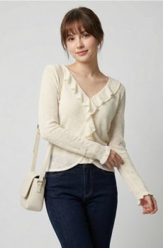 Блузка з довгим рукавом і декоративною воланою - нюдовий