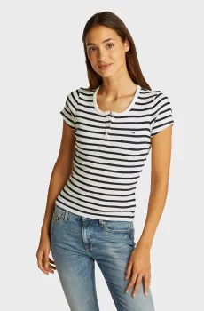 Женская белая футболка в полоску TJW SLIM BUTTON RIB C-NECK SS Белый S Tommy Jeans DW0DW19502