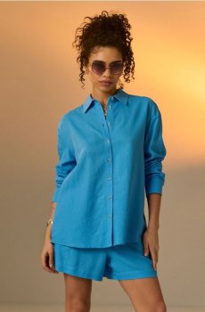 Сорочка зі змішаною тканиною з льоном - light blue