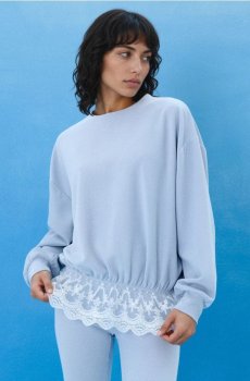 Ребриста кофта crewneck вільного крою з мереживом - блакитний