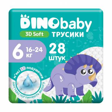 Подгузники-трусики Dino Baby 3D Soft размер 6 (16-24 кг), 28 шт Подгузники-трусики Dino Baby 3D Soft размер 6 (16-24 кг), 28 шт